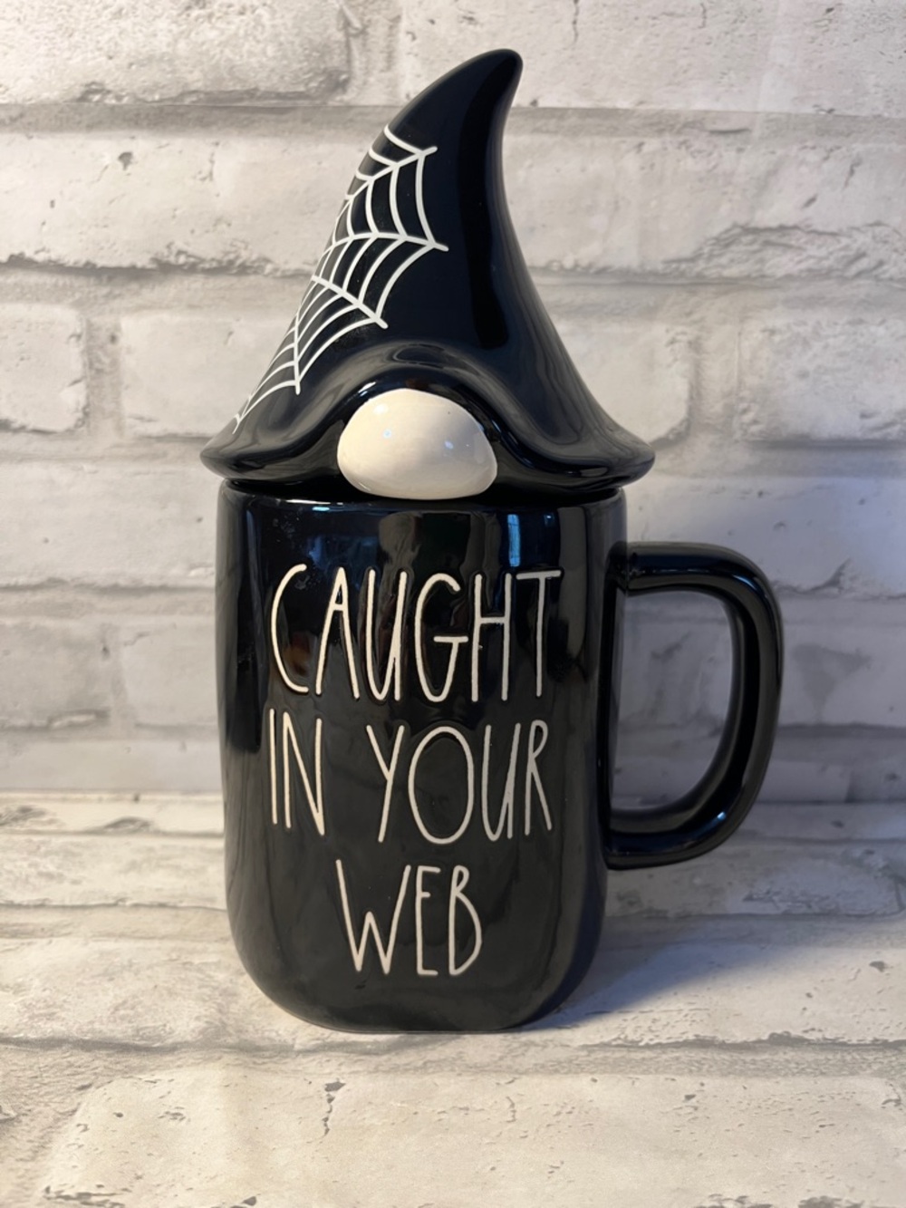 Rae Dunn Glossy Black Artisan Ceramic Mug caught in your web Gnome lid